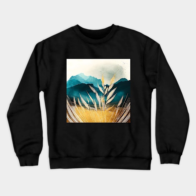 Golden Wheat Fields Teal Mountains Beautiful Nature Scenery Crewneck Sweatshirt by The Art Mage